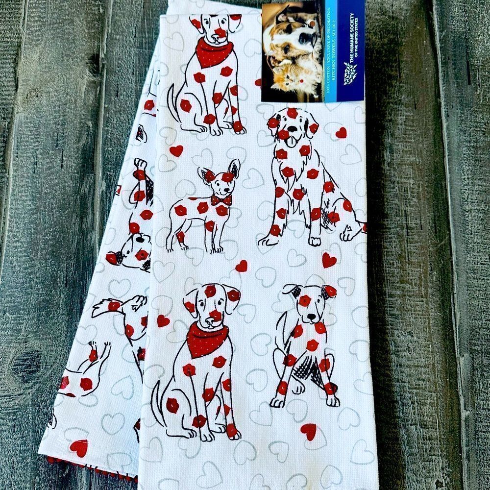Valentine Dogs Hearts Print Humane Society Kitchen Dish Towels